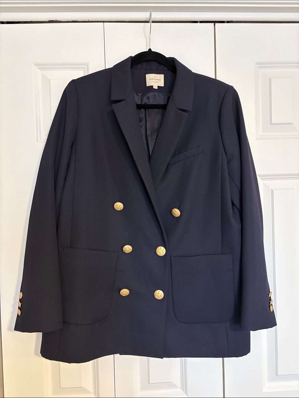 Sezane Navy Double-Breasted Blazer with Gold Buttons - Size 10